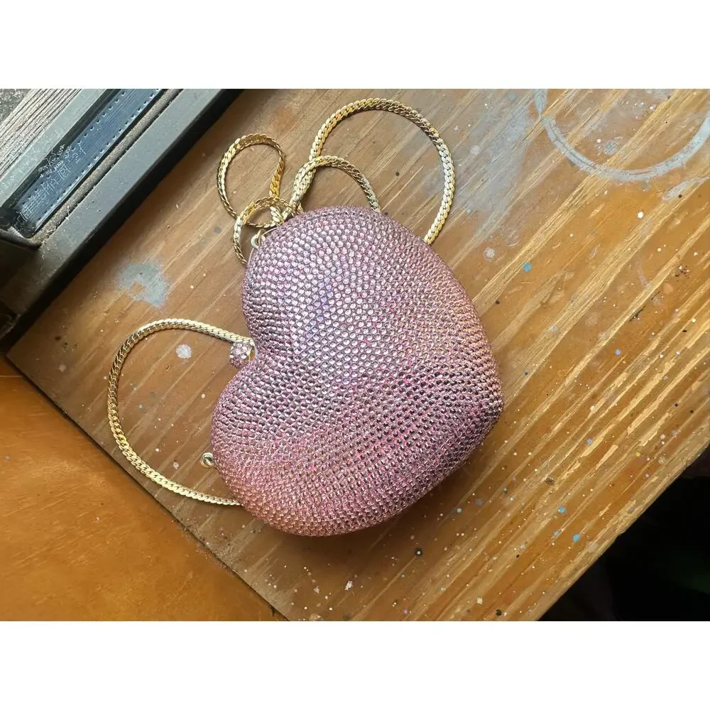 AQS by AquaSwiss Pink Jeweled Heart Clutch Shaped Crystal Clutch Purse NEW